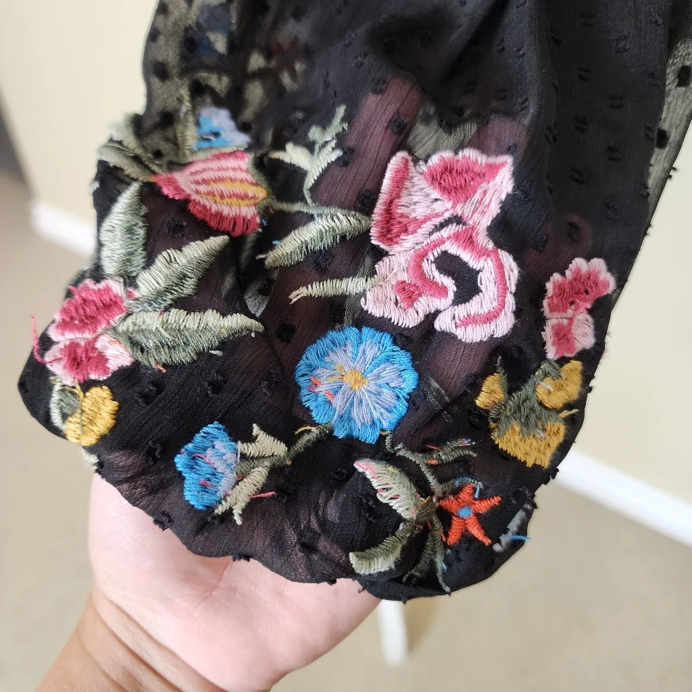 ZARA Trafaluc Black Embroidered Floral Long Sleeve Tassel Chiffon Top Boho XS - Picture 6 of 12